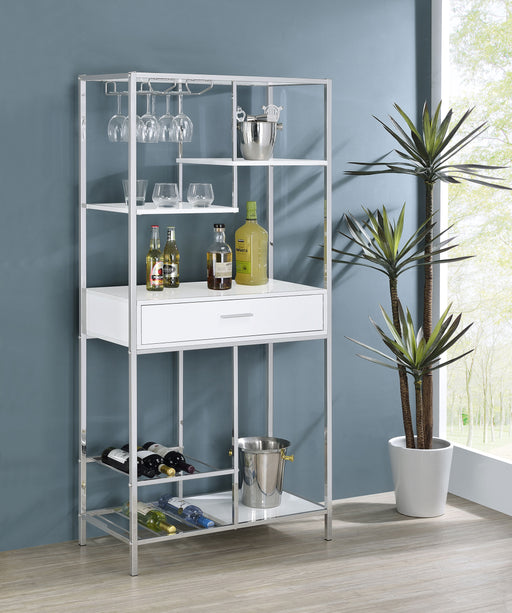 Figueroa 5-shelf Wine Cabinet with Storage Drawer White High Gloss and Chrome - Just Furniture (PA) - Multi Location