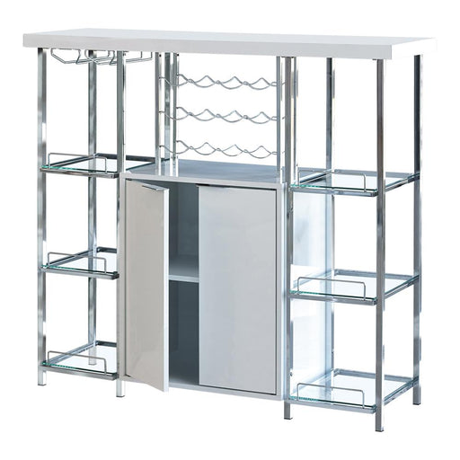 Gallimore 2-door Bar Cabinet with Glass Shelf High Glossy White and Chrome - Just Furniture (PA) - Multi Location