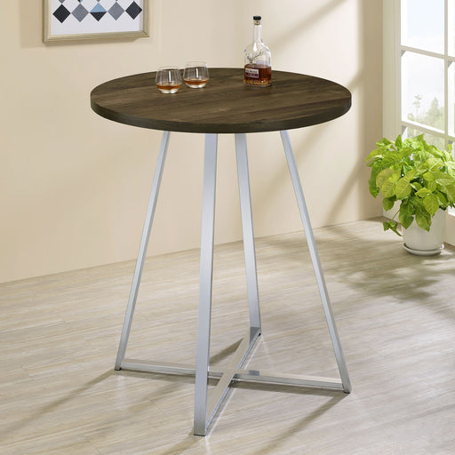 Burkhart Sled Base Round Bar Table Brown Oak and Chrome - Just Furniture (PA) - Multi Location