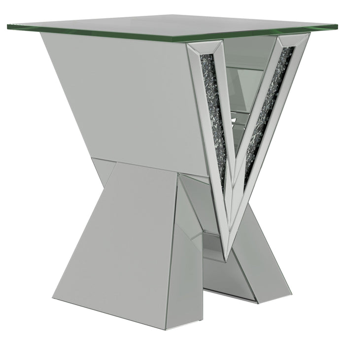 Taffeta V-shaped End Table with Glass Top Silver - Just Furniture (PA) - Multi Location