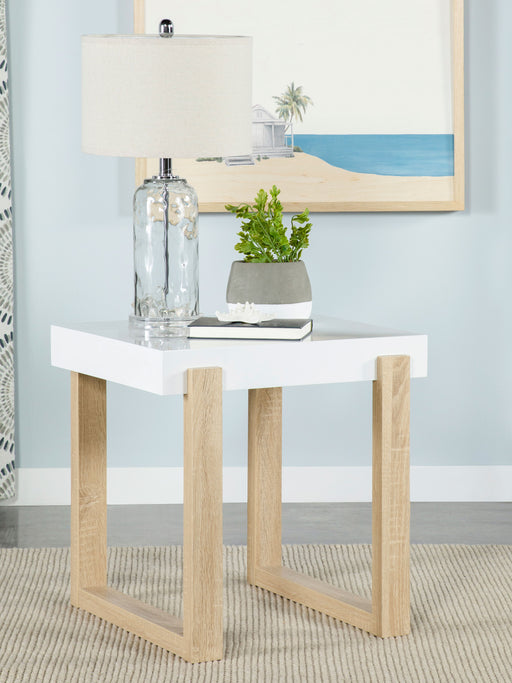 Pala Rectangular End Table with Sled Base White High Gloss and Natural - Just Furniture (PA) - Multi Location