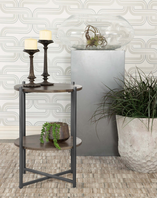 Axel Round Accent Table with Open Shelf Natural and Gunmetal - Just Furniture (PA) - Multi Location
