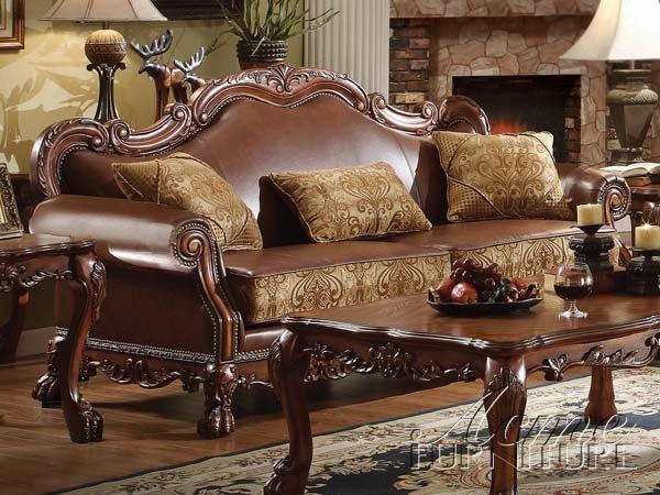 Dresden Brown PU & Chenille, Cherry Oak Sofa w/3 Pillows - Just Furniture (PA) - Multi Location