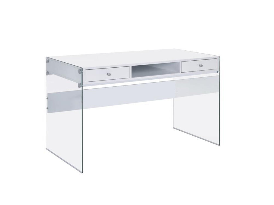 Dobrev 2-drawer Writing Desk Glossy White and Clear - Just Furniture (PA) - Multi Location