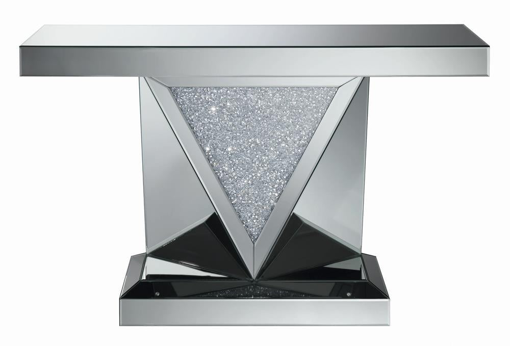 Amore Rectangular Sofa Table with Triangle Detailing Silver and Clear Mirror - Just Furniture (PA) - Multi Location