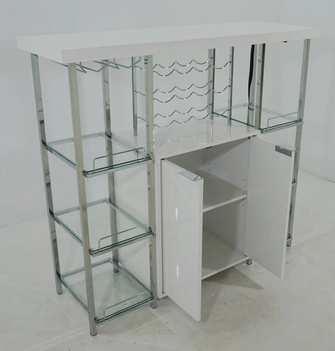 Gallimore 2-door Bar Cabinet with Glass Shelf High Glossy White and Chrome - Just Furniture (PA) - Multi Location