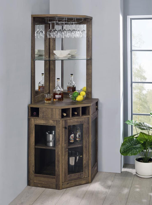 Alviso Corner Bar Cabinet with Stemware Rack Rustic Oak - Just Furniture (PA) - Multi Location