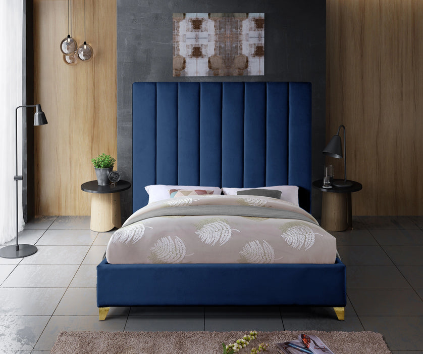Via Navy Velvet Queen Bed